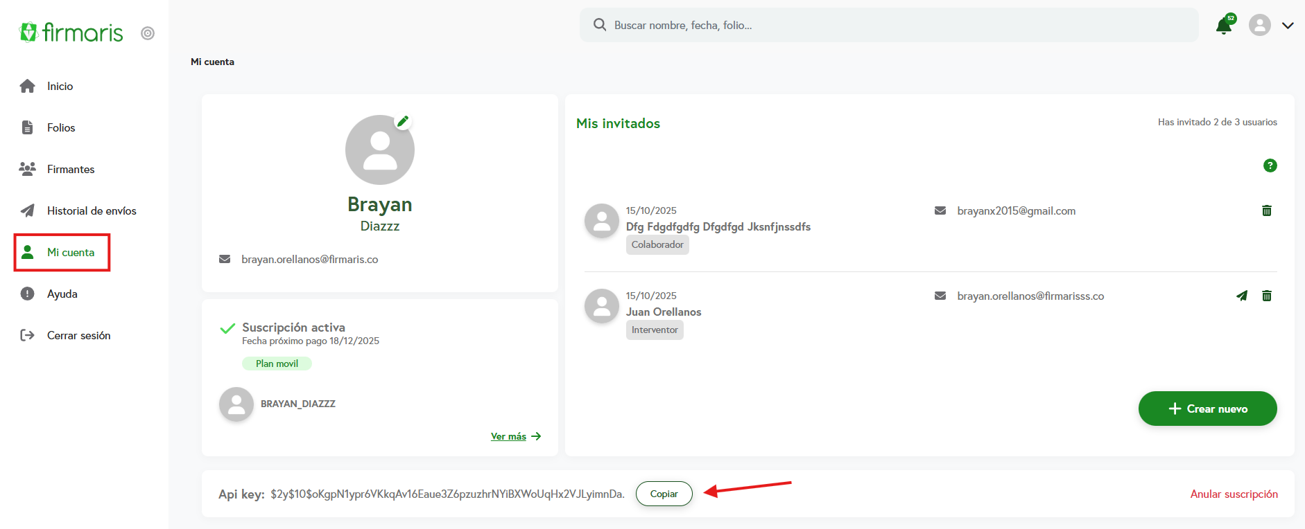 Panel de cuenta de Firmaris