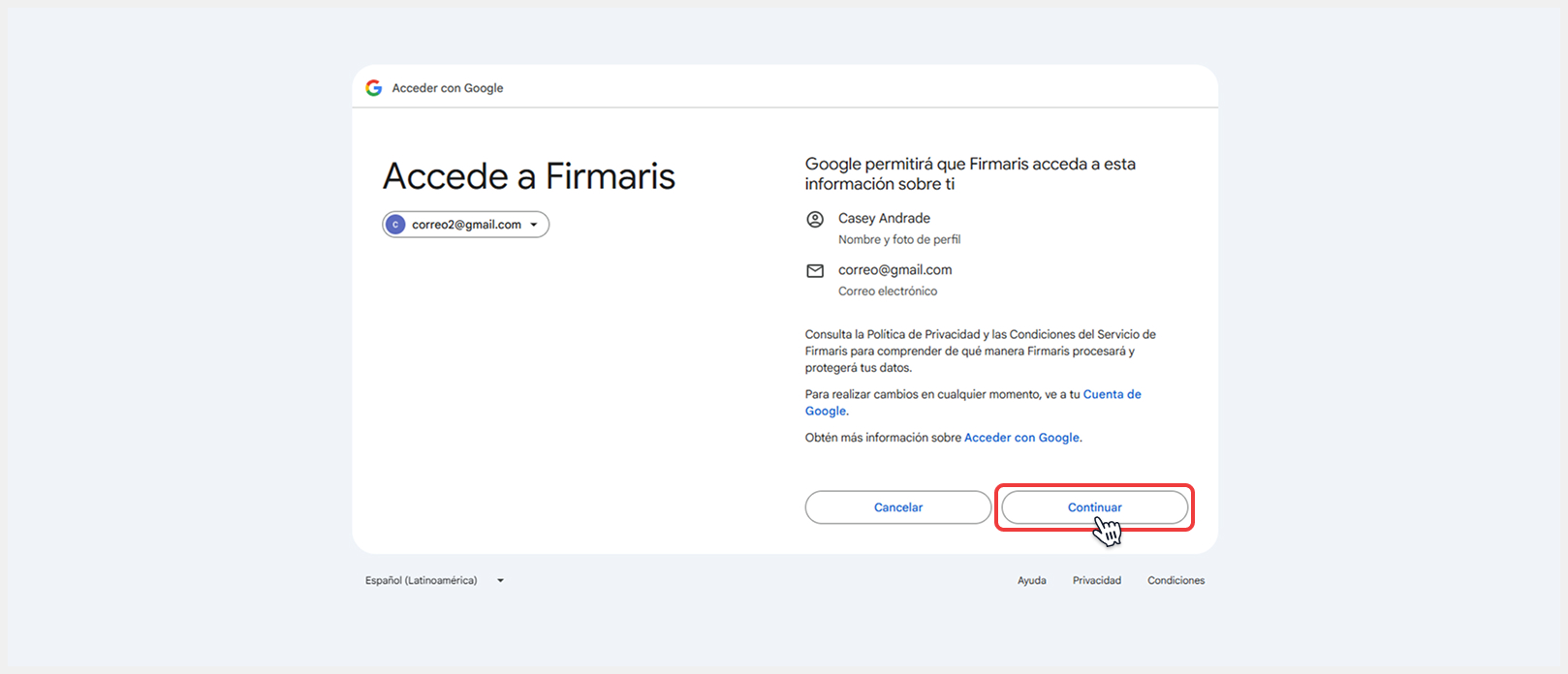 Consentimiento solicitado por Google